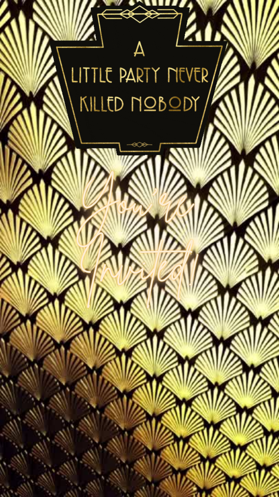 Jazz Age party video invitation with black and gold patterns