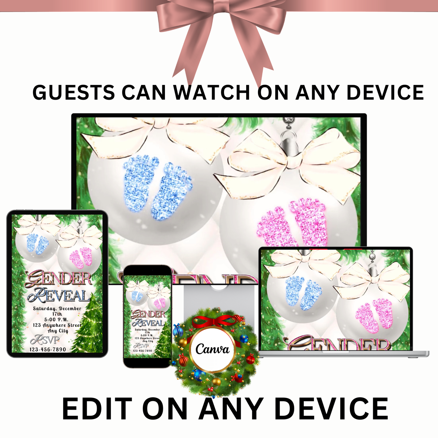 Gender Reveal Christmas Party Video Invitation – Editable Holiday Baby Reveal Pink or Blue Ornaments Evite