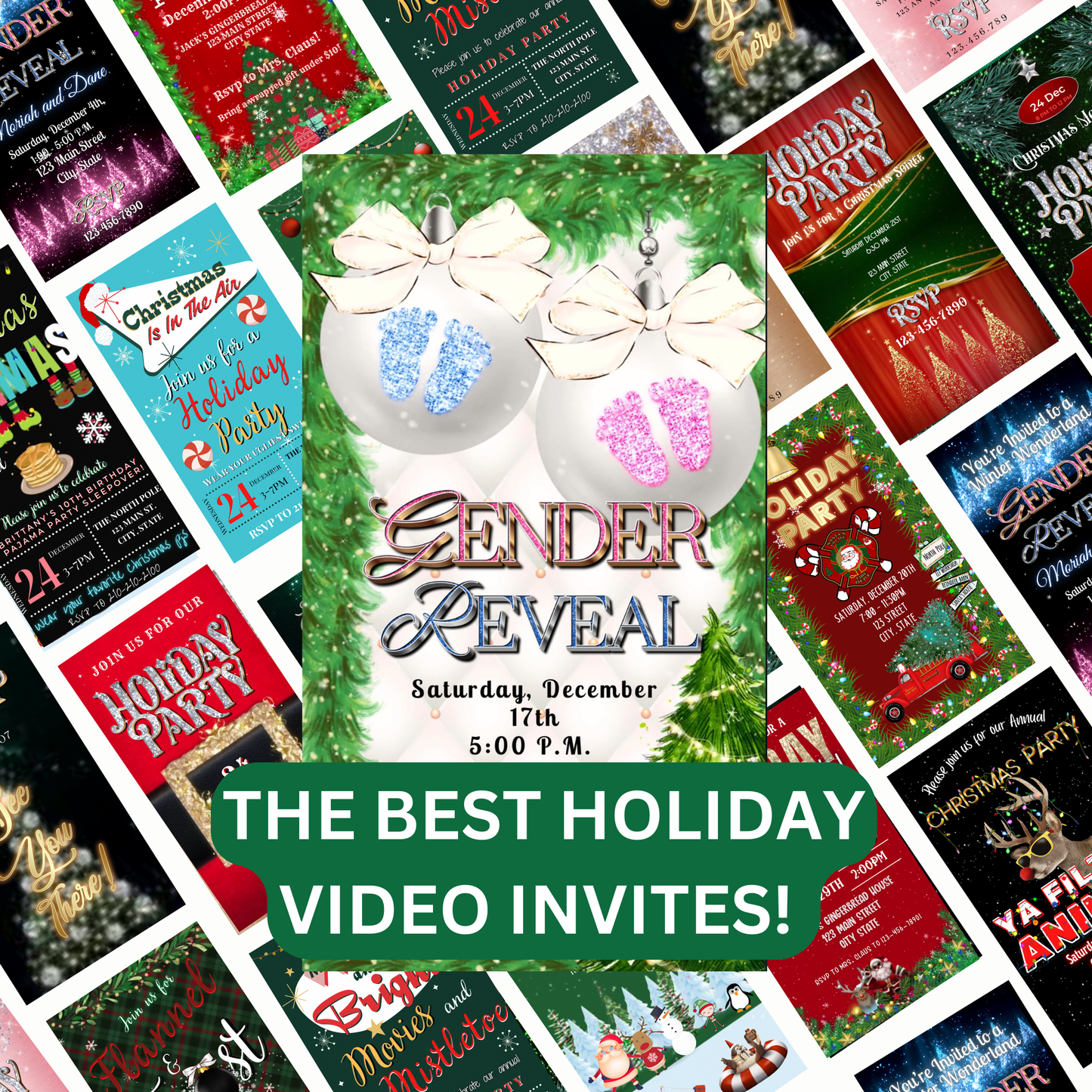 Gender Reveal Christmas Party Video Invitation – Editable Holiday Baby Reveal Pink or Blue Ornaments Evite