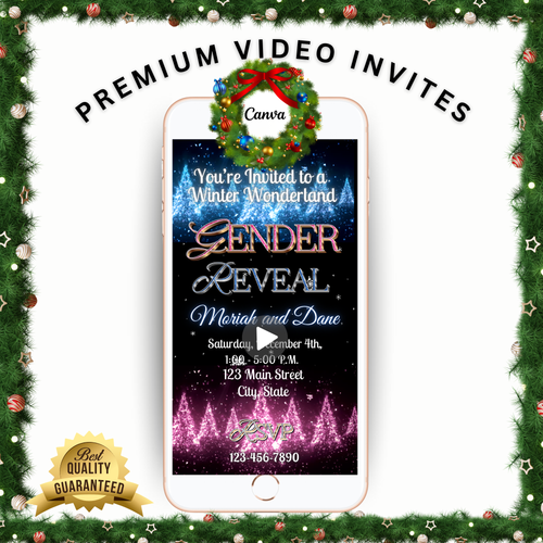 Gender Reveal Christmas Party Video Invitation – Editable Holiday Baby Reveal Canva Evite