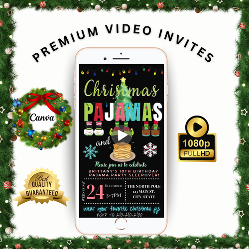 Christmas Pajama Party Video Invitation – Editable Pjs and Pancakes Evite