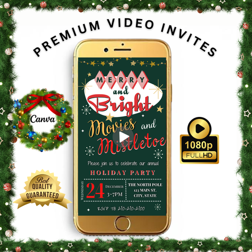Retro Christmas Party Video Invitation – Editable Christmas Movie Evite