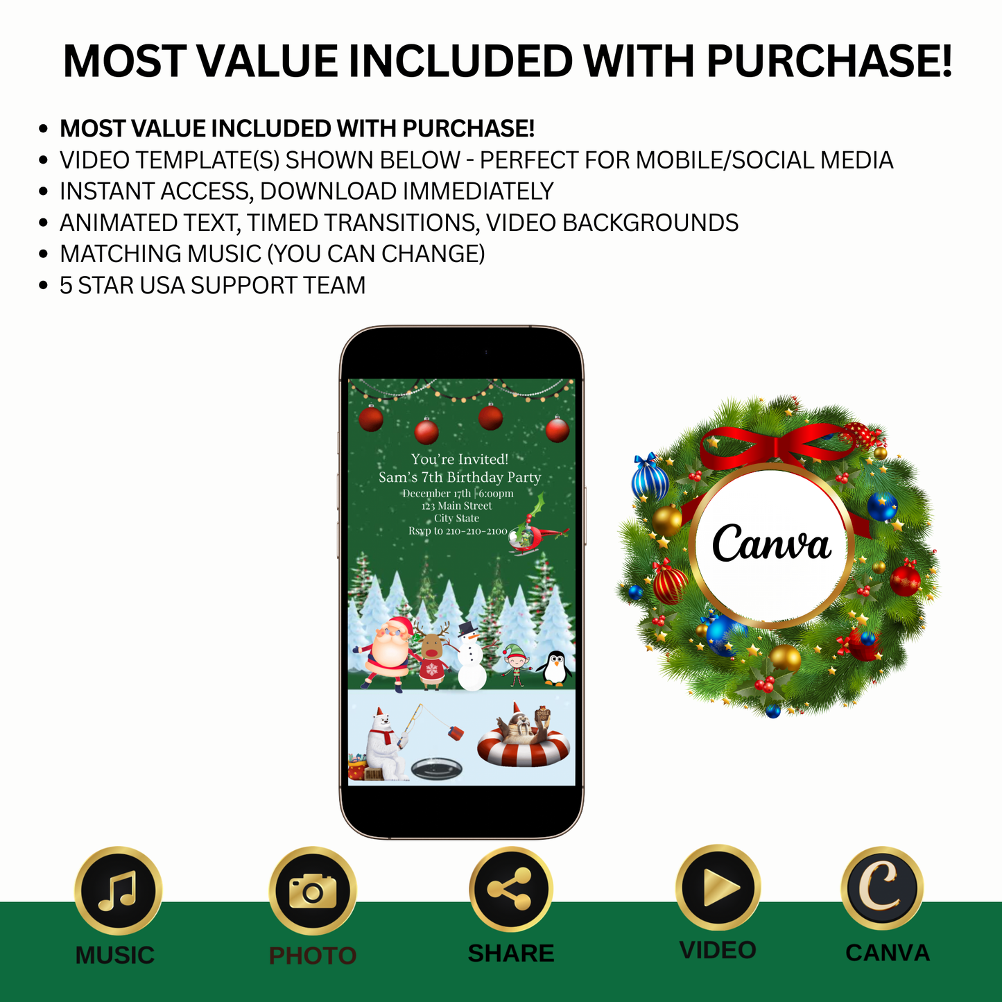 Santa Christmas Party Video Invitation – Editable Canva Holiday Evite with Music