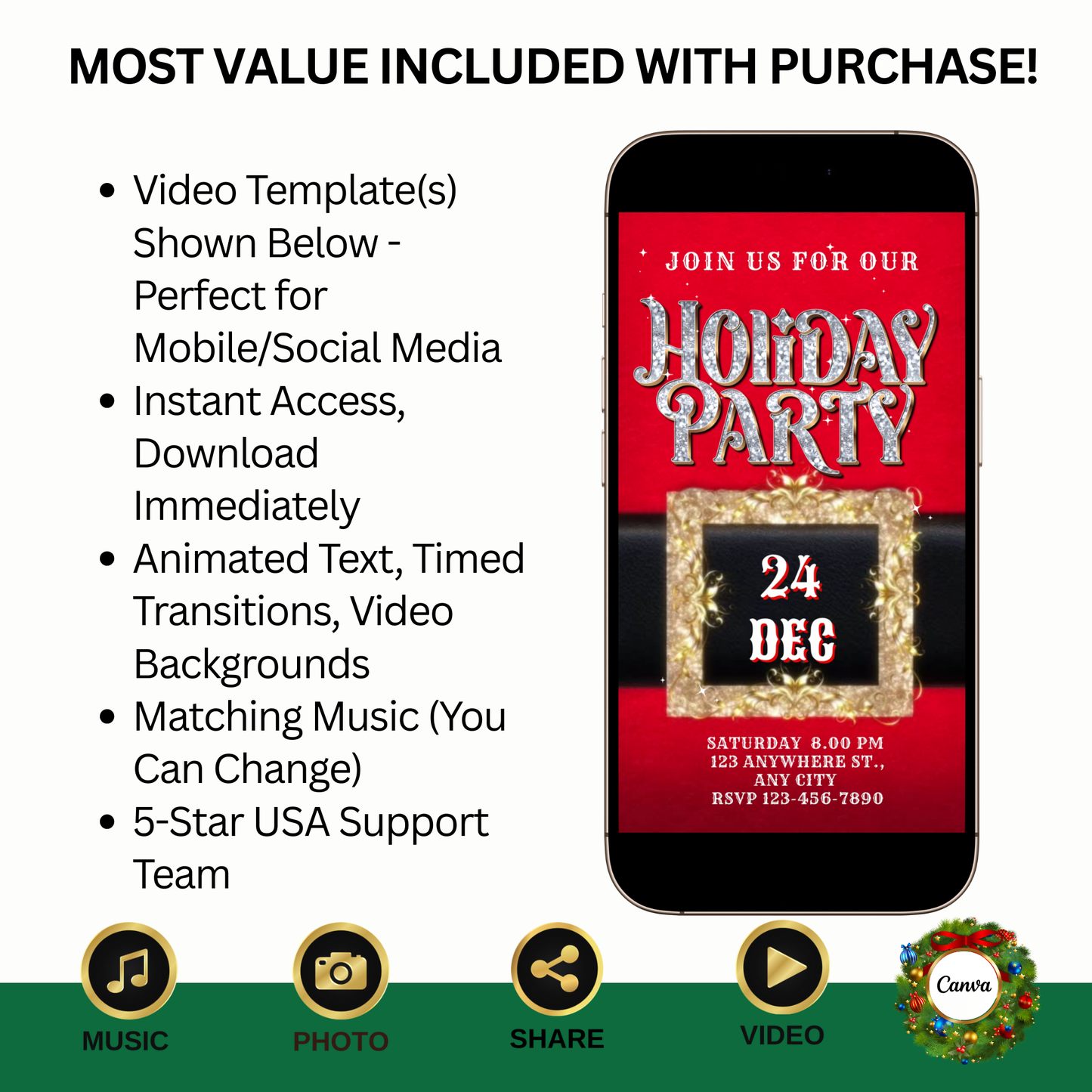 Santa Christmas Party Video Invitation – Modern Santa Editable Canva Holiday Evite with Music