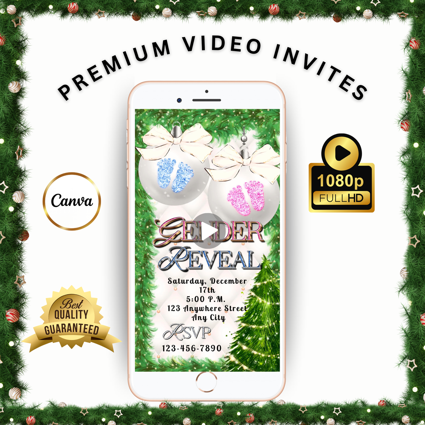 Gender Reveal Christmas Party Video Invitation – Editable Holiday Baby Reveal Pink or Blue Ornaments Evite