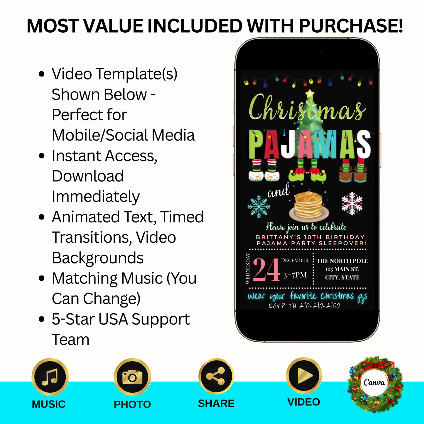 Christmas Pajama Party Video Invitation – Editable Pjs and Pancakes Evite