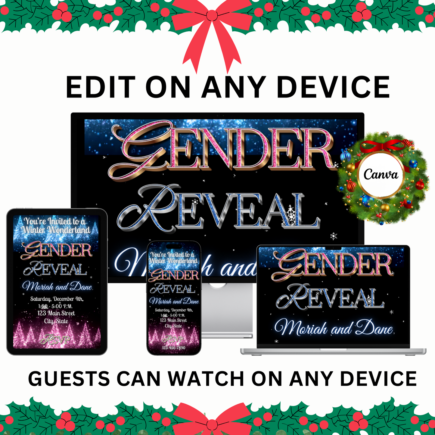 Gender Reveal Christmas Party Video Invitation – Editable Holiday Baby Reveal Canva Evite