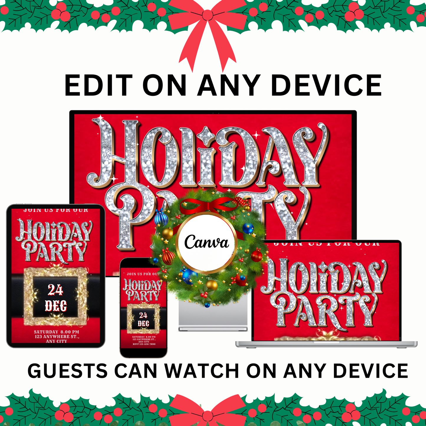 Santa Christmas Party Video Invitation – Modern Santa Editable Canva Holiday Evite with Music