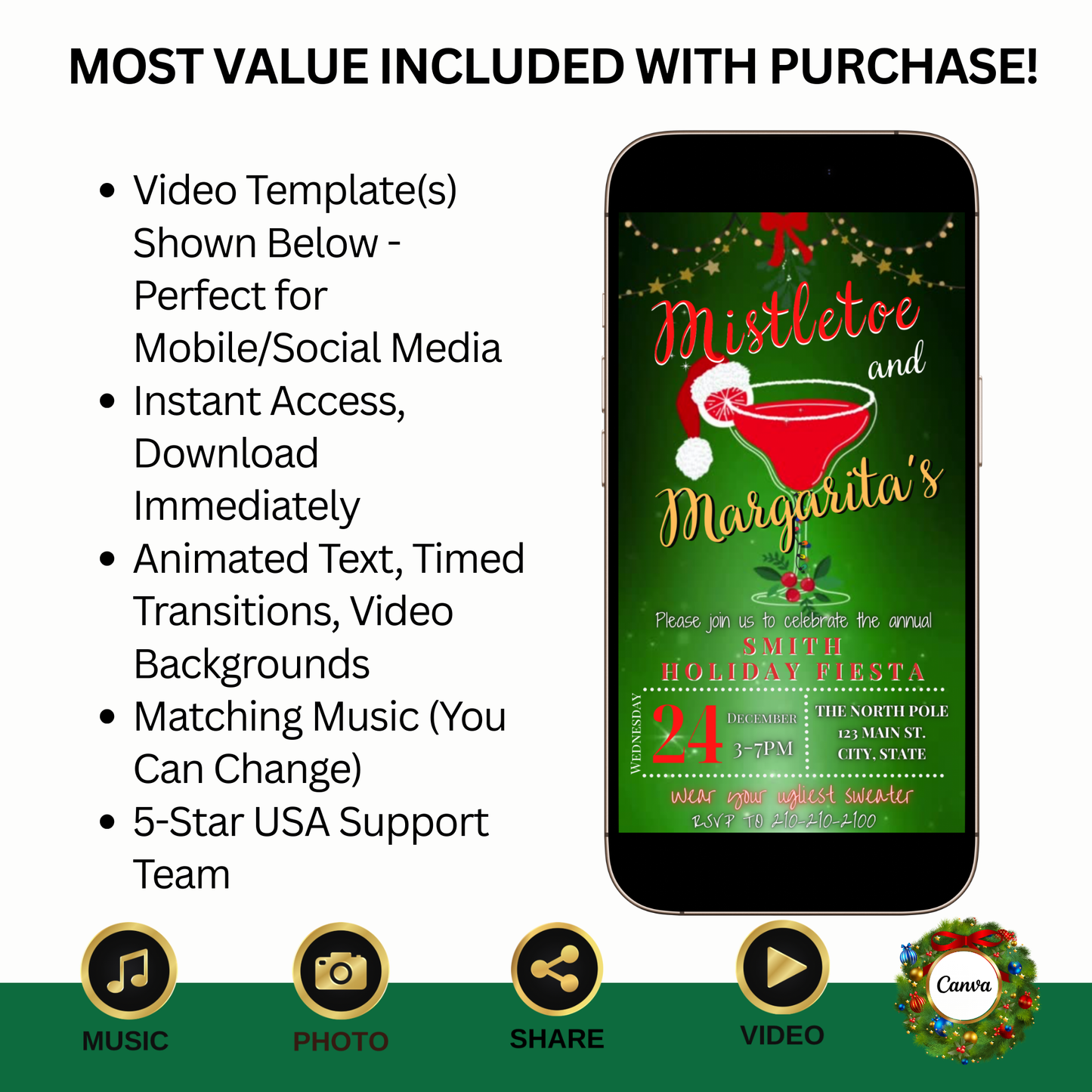 Margaritas and Mistletoe Christmas Party Video Invitation – Editable Canva Christmas Evite