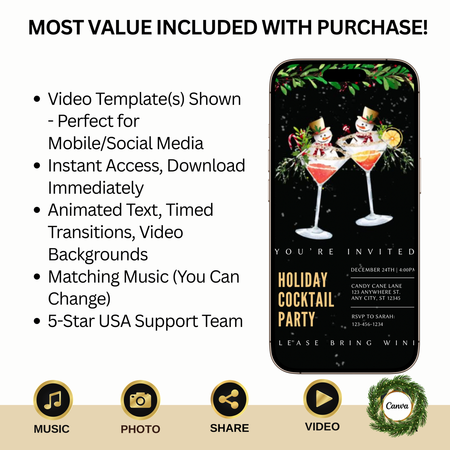 Christmas Party Video Invitation – Animated Holiday Cocktail Party - Editable Mobile
