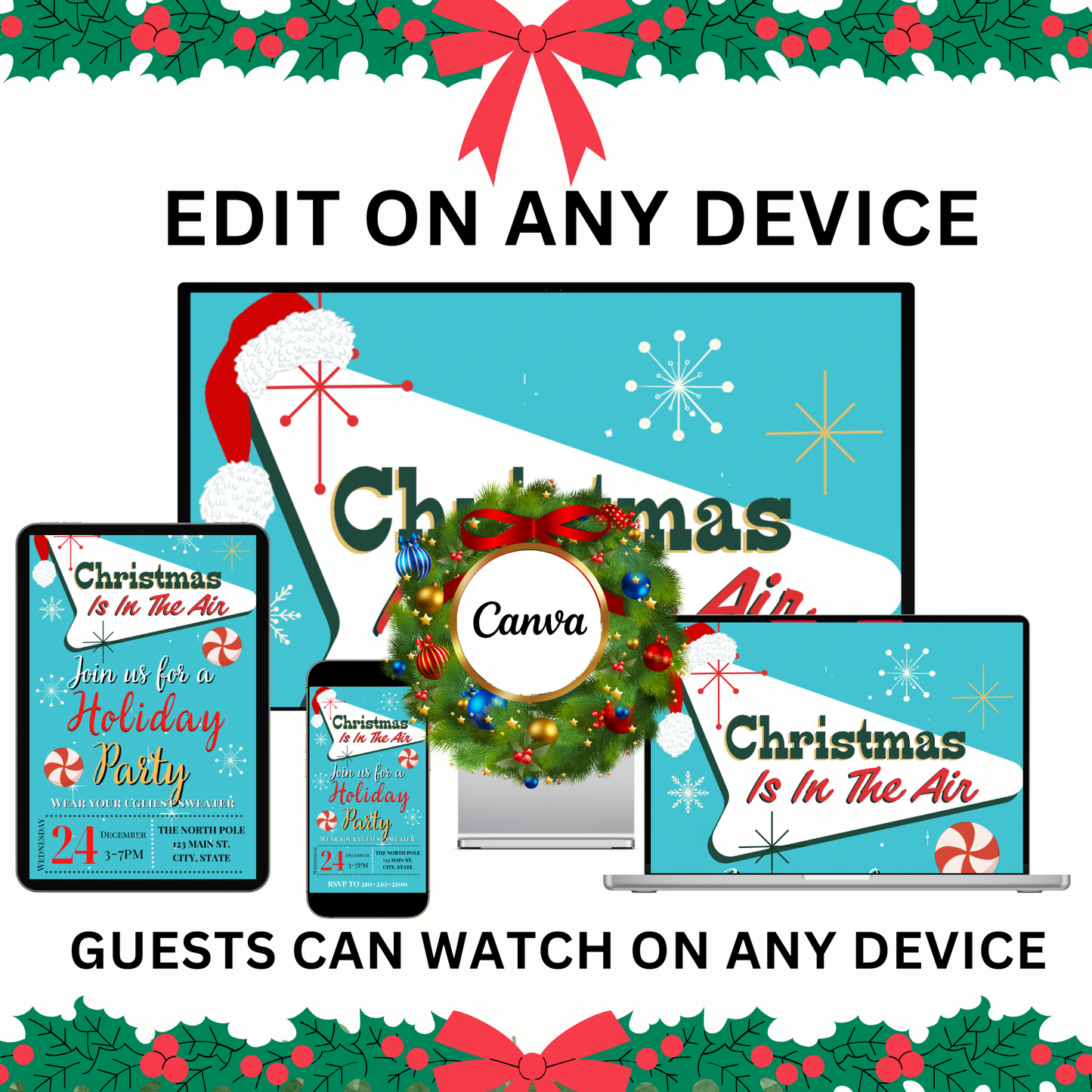 Retro Christmas Party Video Invitation – Editable Turquoise Christmas Evite