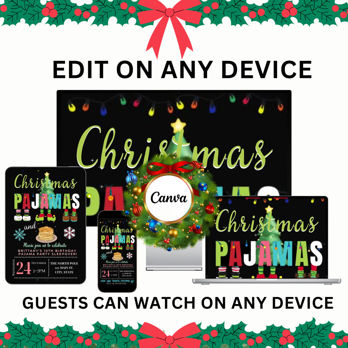 Christmas Pajama Party Video Invitation – Editable Pjs and Pancakes Evite