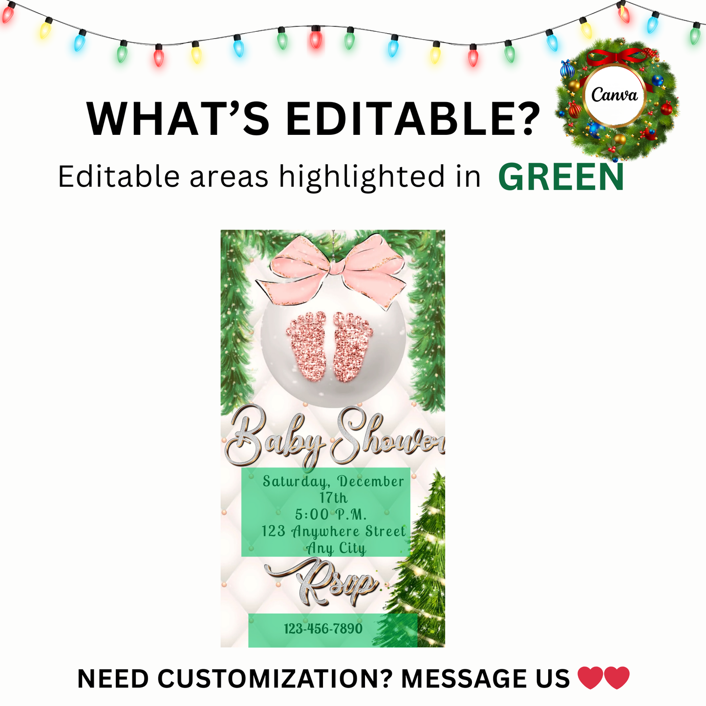 Girl Baby Shower Christmas Party Video Invitation – Editable Baby Girl Pink Ornaments Evite