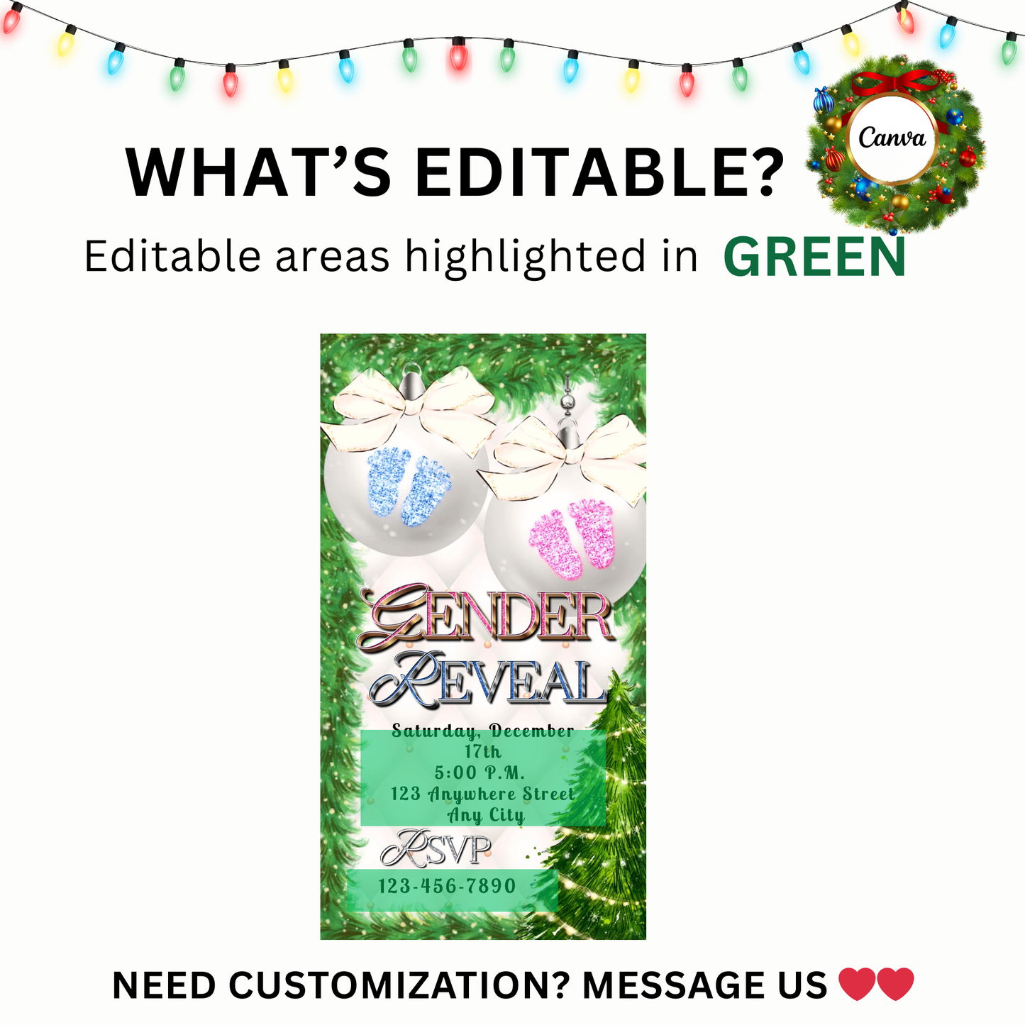 Gender Reveal Christmas Party Video Invitation – Editable Holiday Baby Reveal Pink or Blue Ornaments Evite