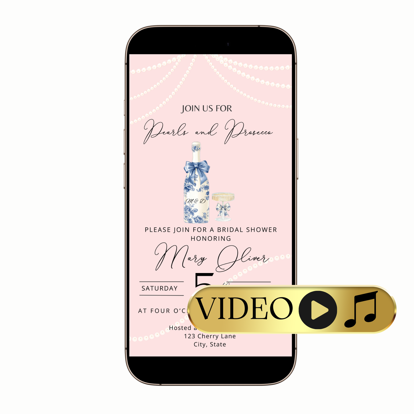 Close-up of pearls and fizz animation over soft champagne background