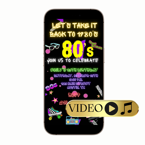 Editable 80s Throwback Theme Video Invitation Template with 80s, 90s, boombox
