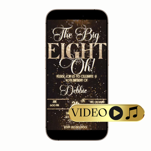 Editable The Big Eight-Oh 80th Birthday Video Invitation — Glam Gold & Black Design Template