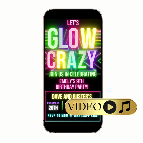 Editable Neon Glow Party Video Invitation Template with blacklight, bright, glow