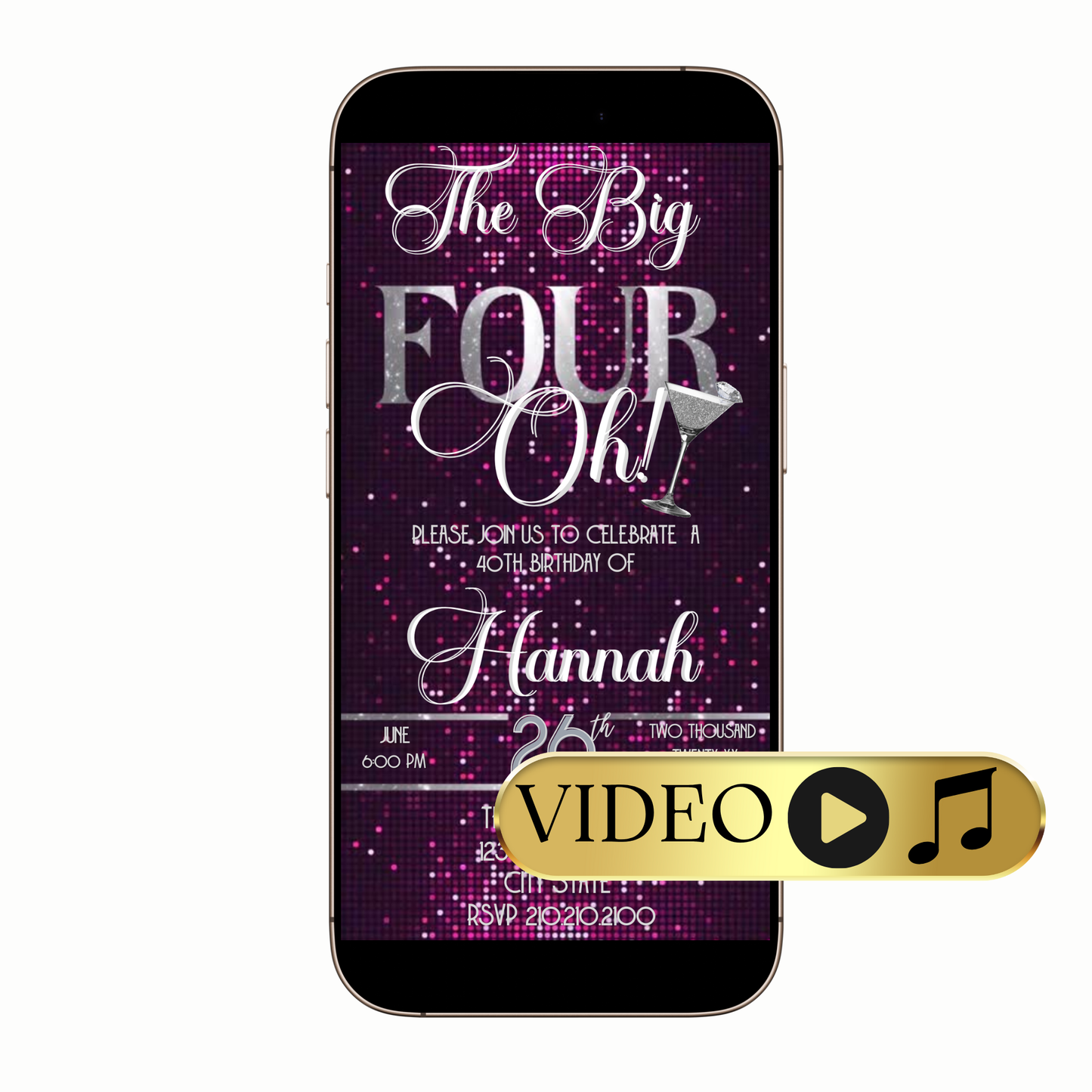 Editable Pink Glam The Big Four-Oh 40th Birthday Video Invitation — Silver Sparkle Theme Template