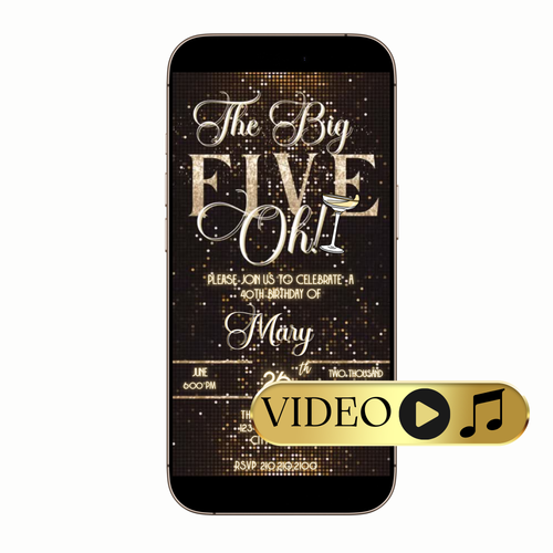 Editable The Big Five-Oh 50th Birthday Glam Video Invitation — Glitter Gold & Black Template