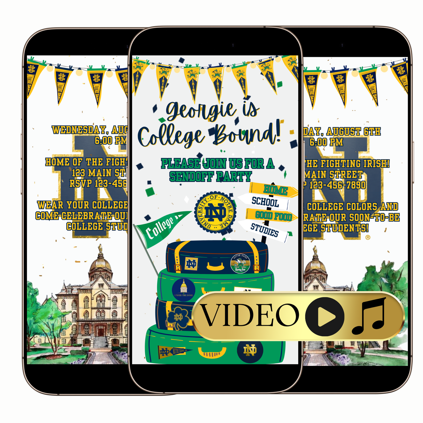 Digital Notre Dame College Send Off Video Invitation – Irish Pride Trunk Party Evite MP4 Invite