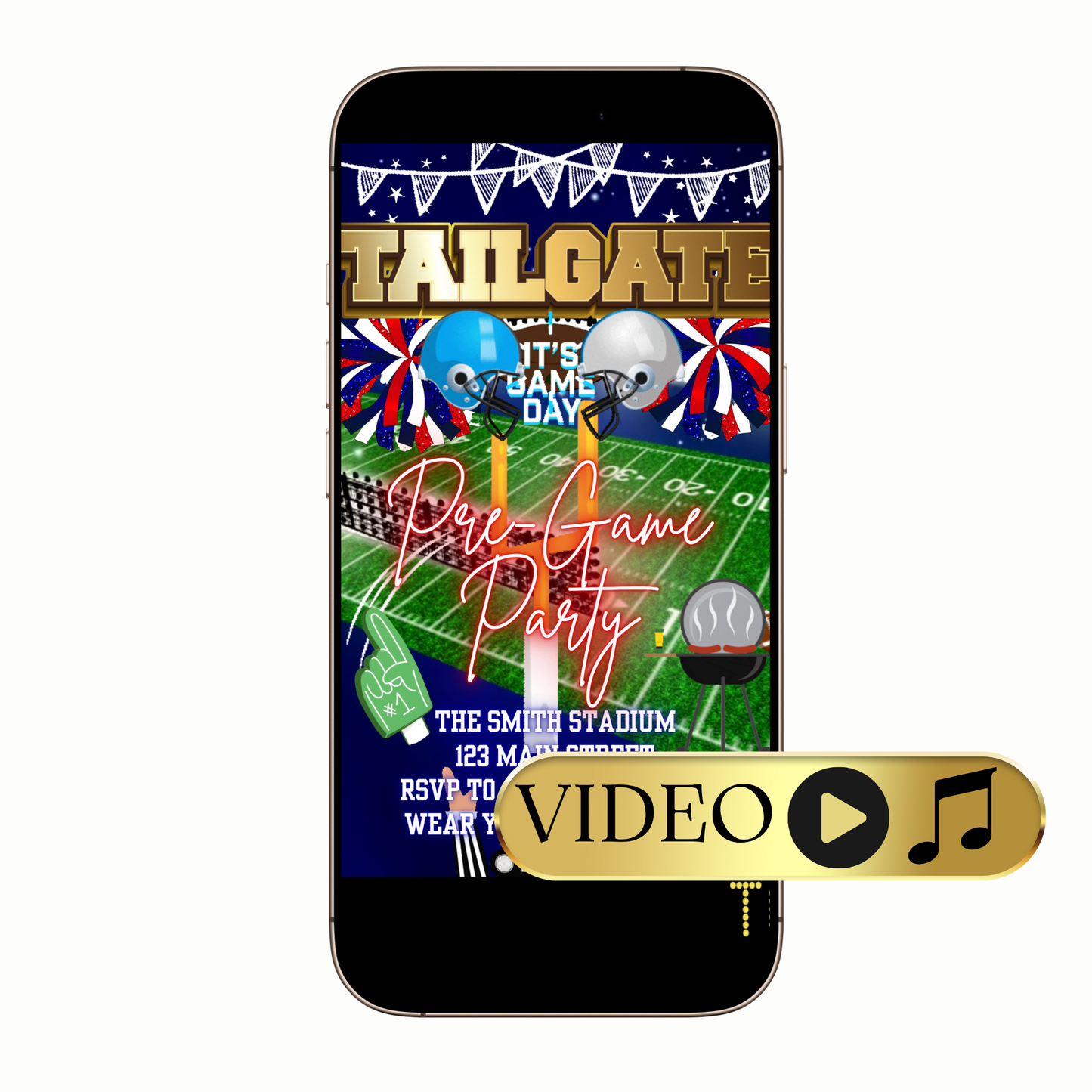 Hand holding phone with animated football invite playing