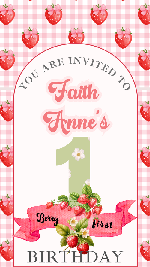 Close-up of editable text fields on strawberry-themed video template