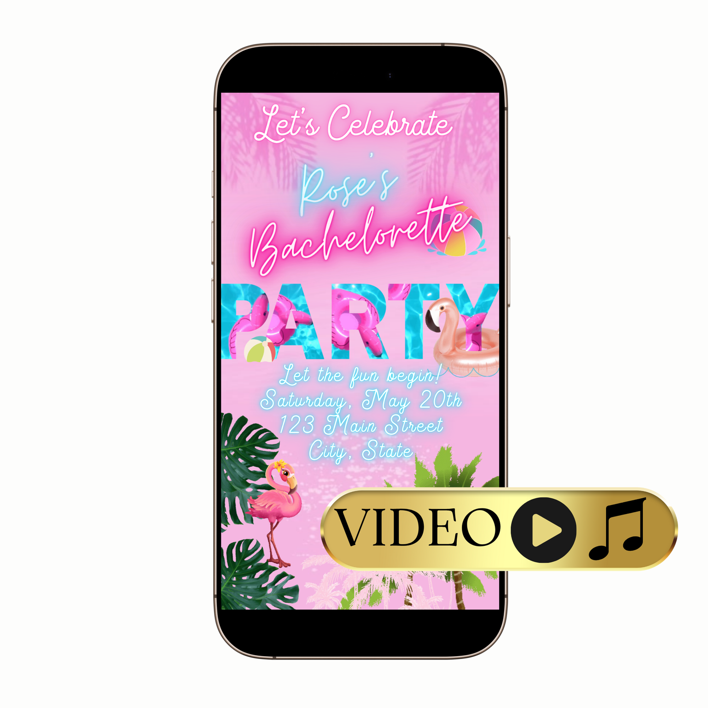 Editable Pink Flamingo Pool Party Video Invitation