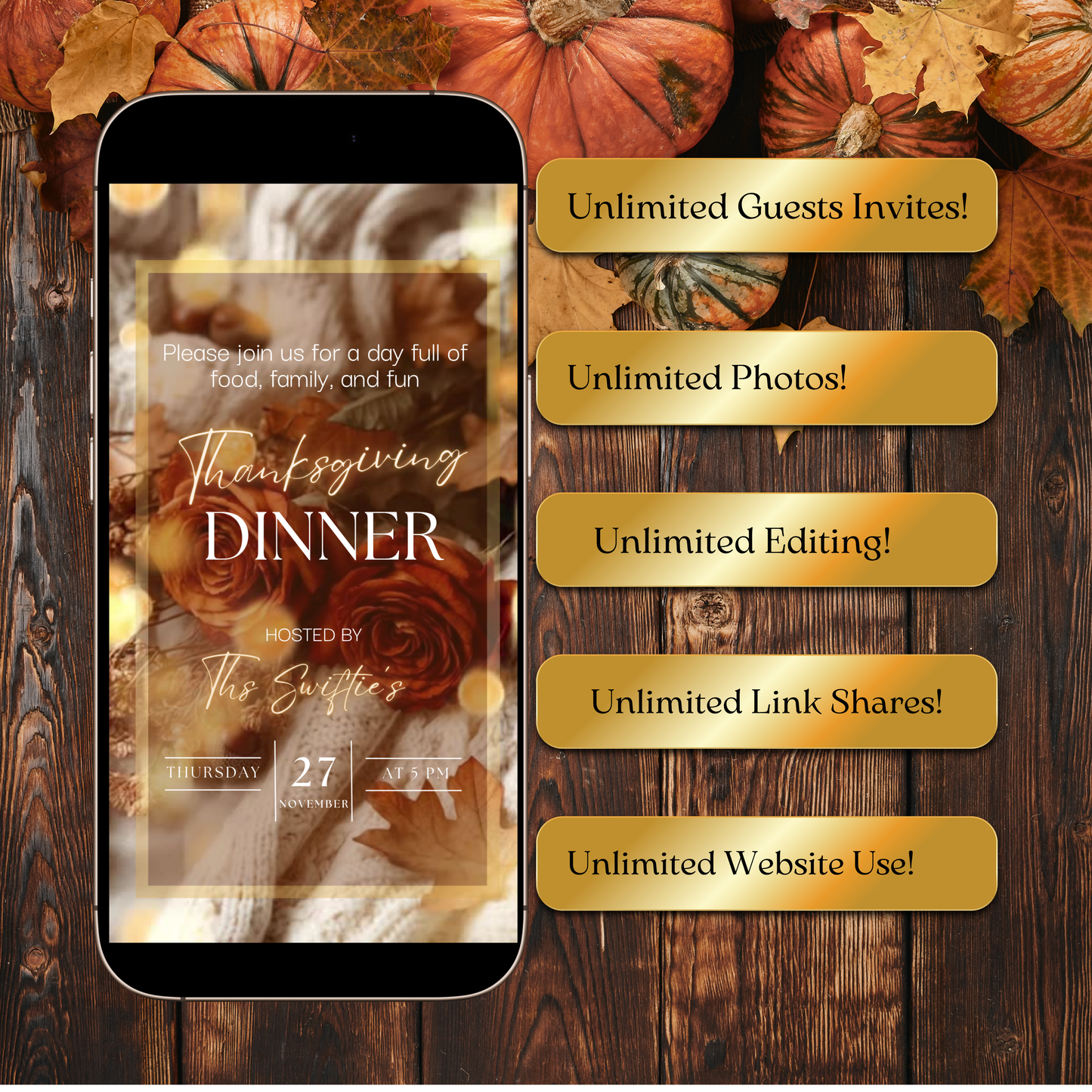Thanksgiving Video Invitation, Animated Friendsgiving Digital Mobile Evite