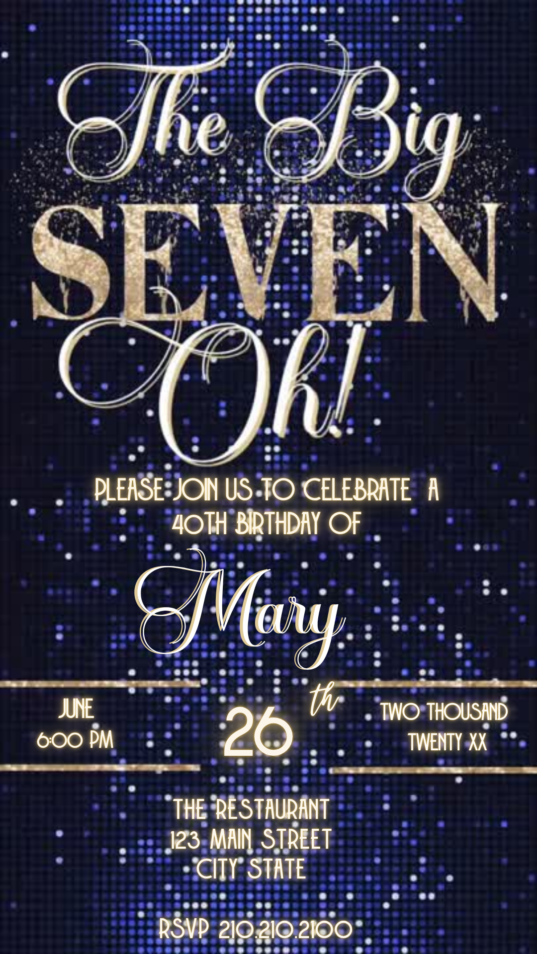 Luxe The Big Seven-Oh 70th Birthday Video Invitation — Navy & Gold Sparkle Download
