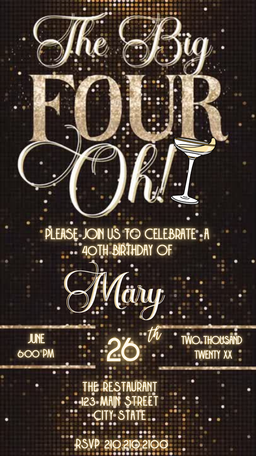 The Big Four-Oh 40th Birthday Digital Invitation — Gold Sparkle Party Evite Download