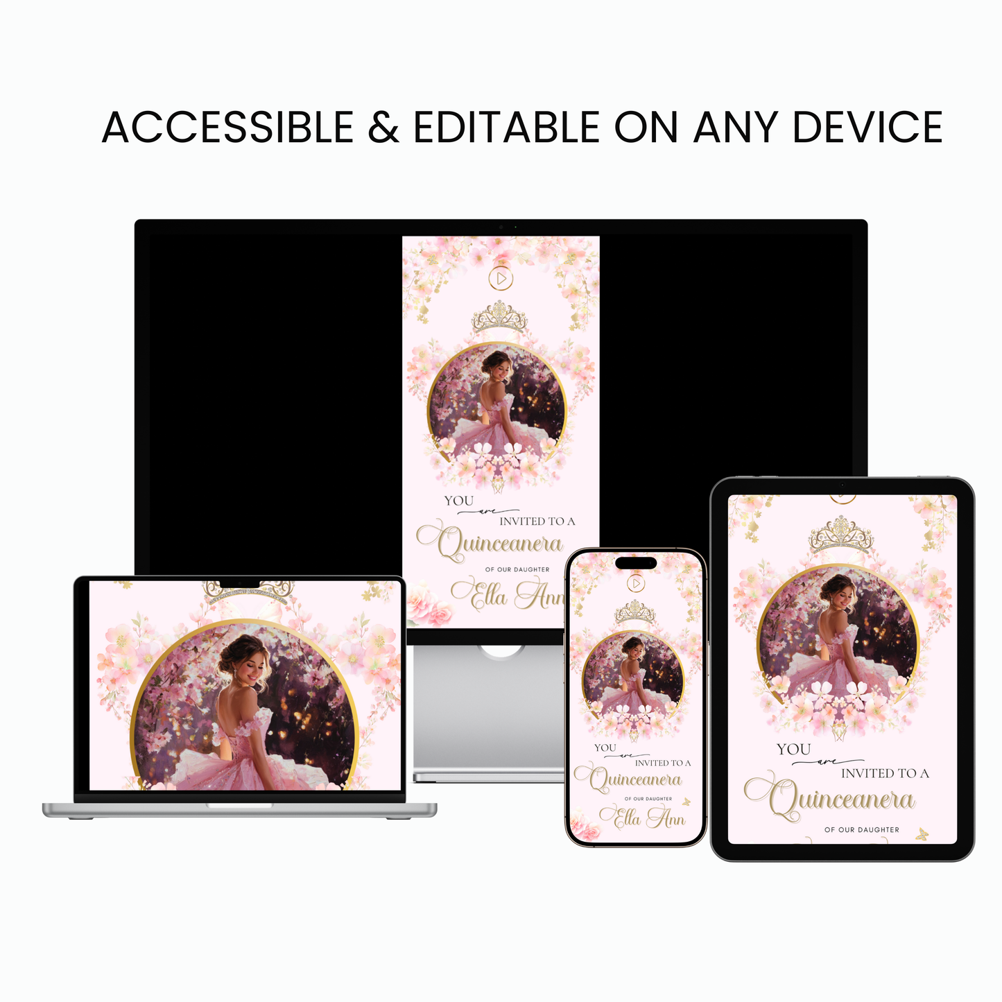 Pink Quinceanera Invitation Website with RSVP | Animated Sweet 15 16 Mobile Interactive Evite with RSVP and Music