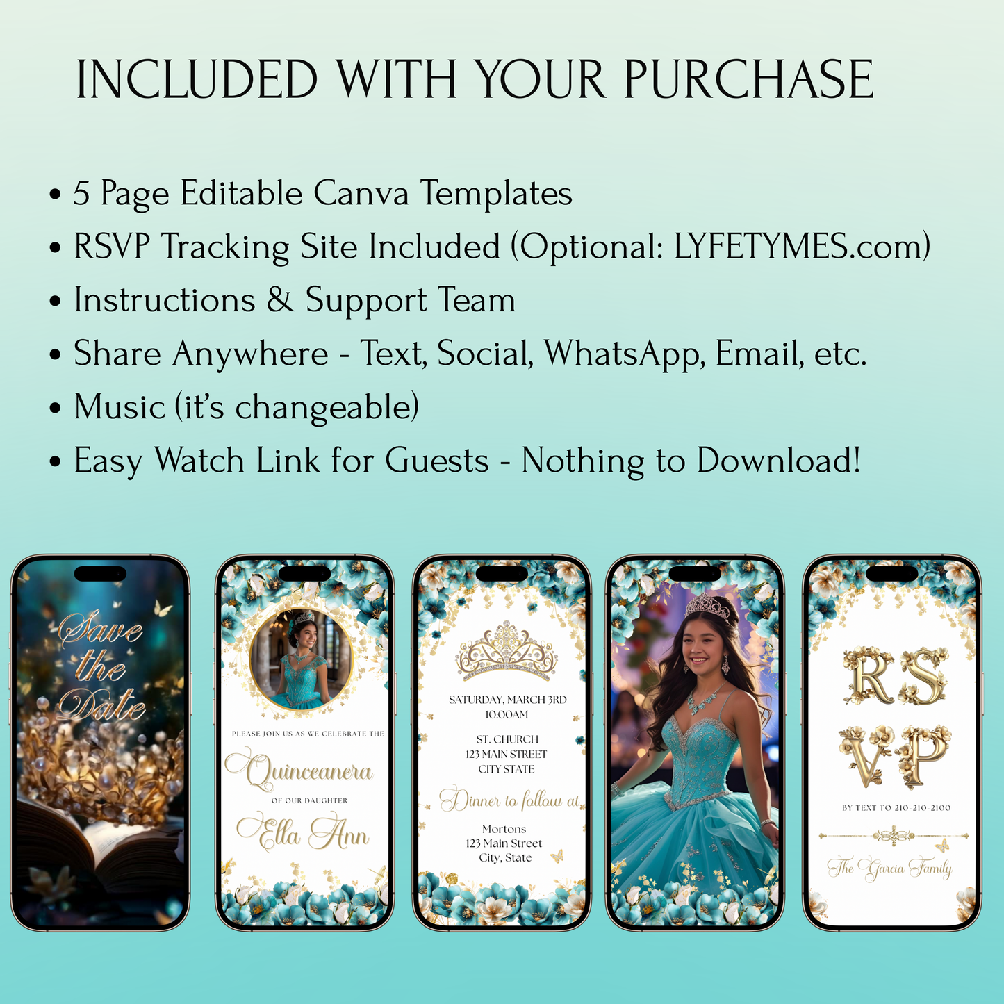 Turquoise and Gold Quinceanera Video Invite Animated Sweet 15 Quince Mobile Evite with RSVP tracking
