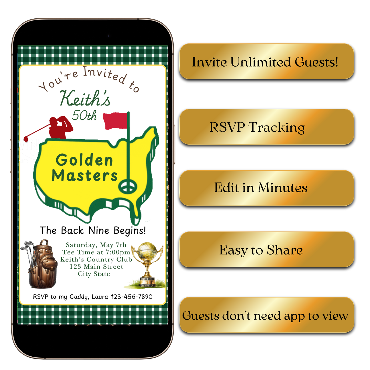 RSVP slide with golf icons and clean dividers