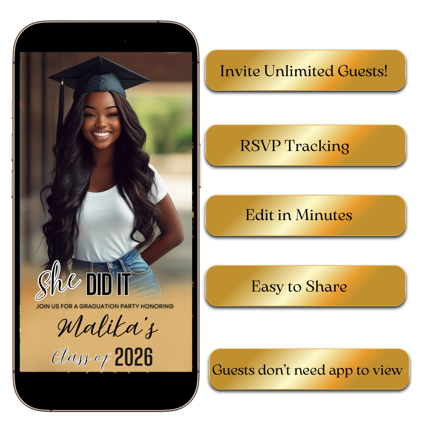 Editable graduation gold digital MP4 invite with cap and gown design