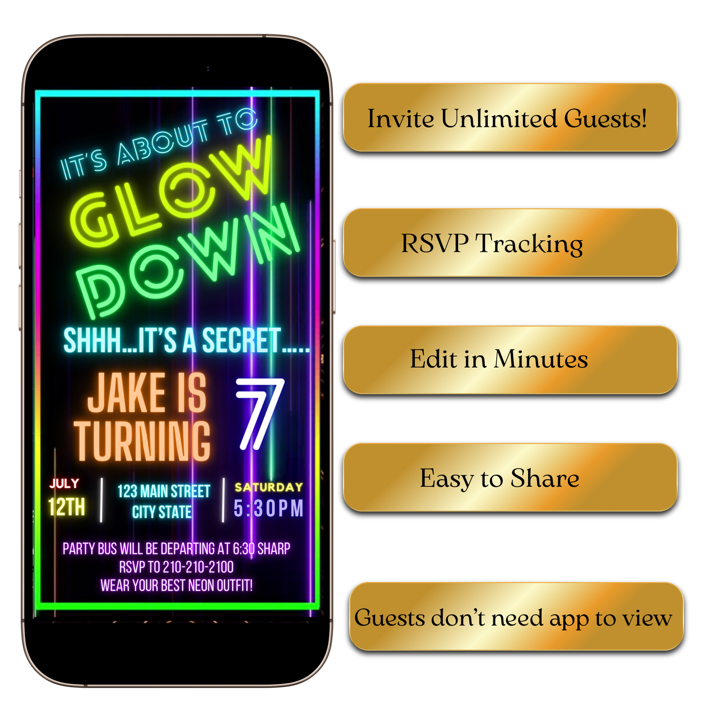 Neon Glow Down party MP4 invitation preview on laptop screen