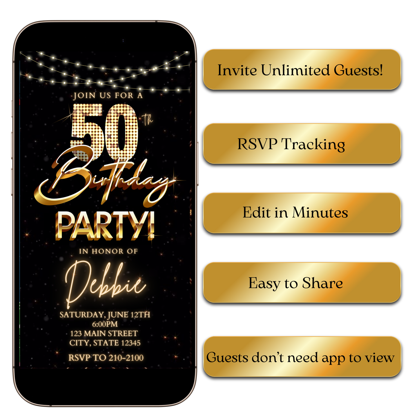 Digital Golden Glam Digital Video Invitation MP4 Invite