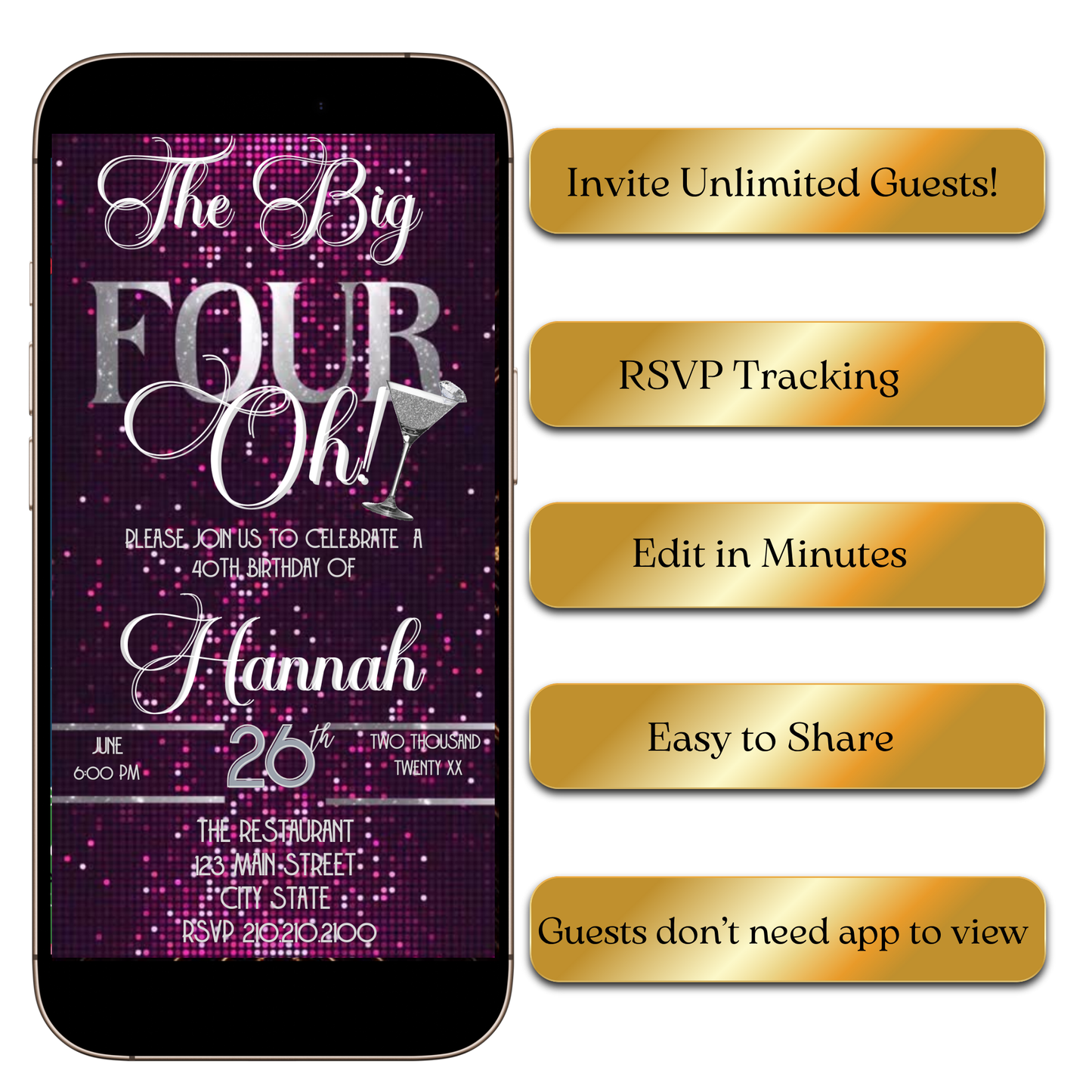 Digital Pink Glam The Big Four-Oh 40th Birthday Video Invitation — Silver Sparkle Theme MP4 Invite