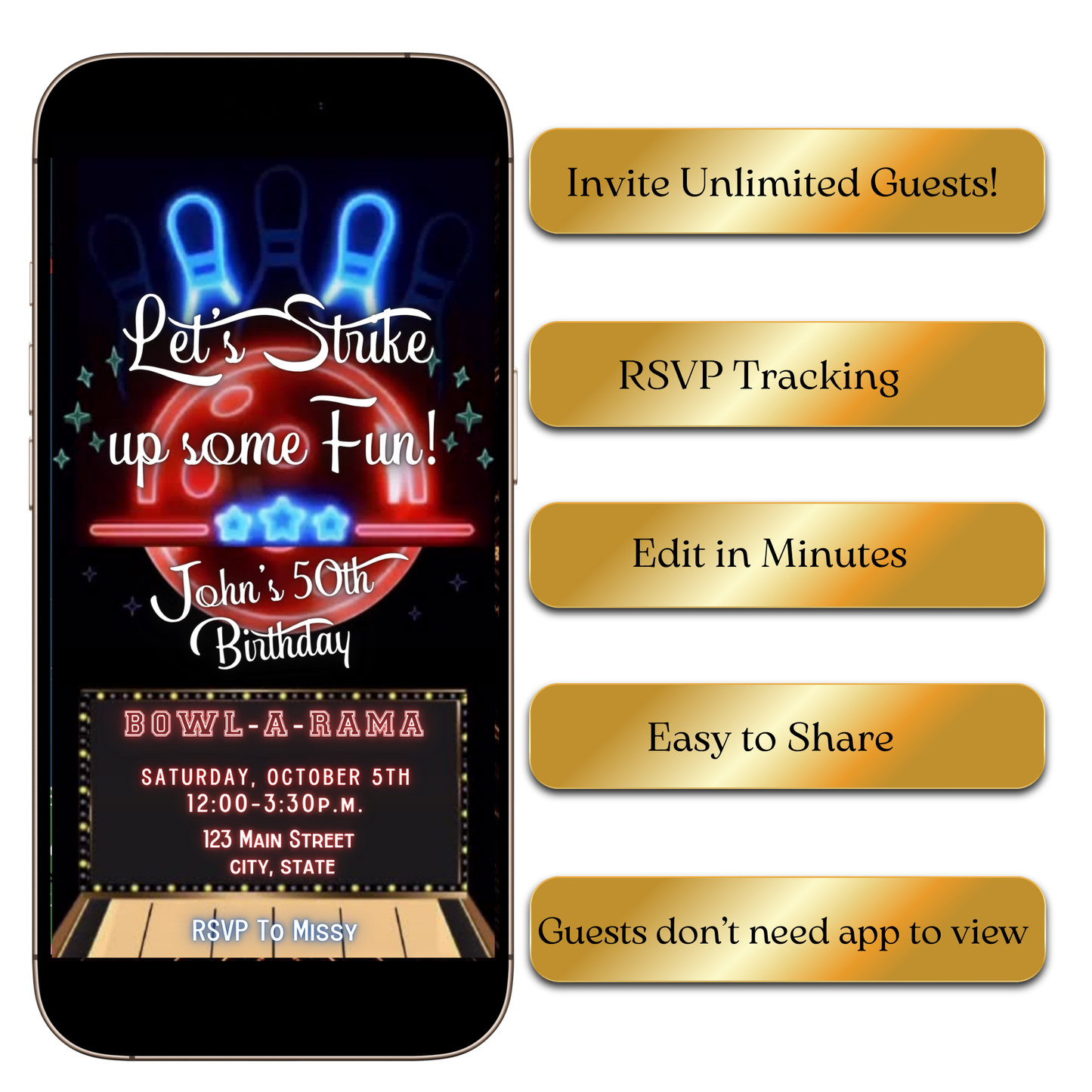 Digital Retro Neon Bowling Video Invitation MP4 Invite