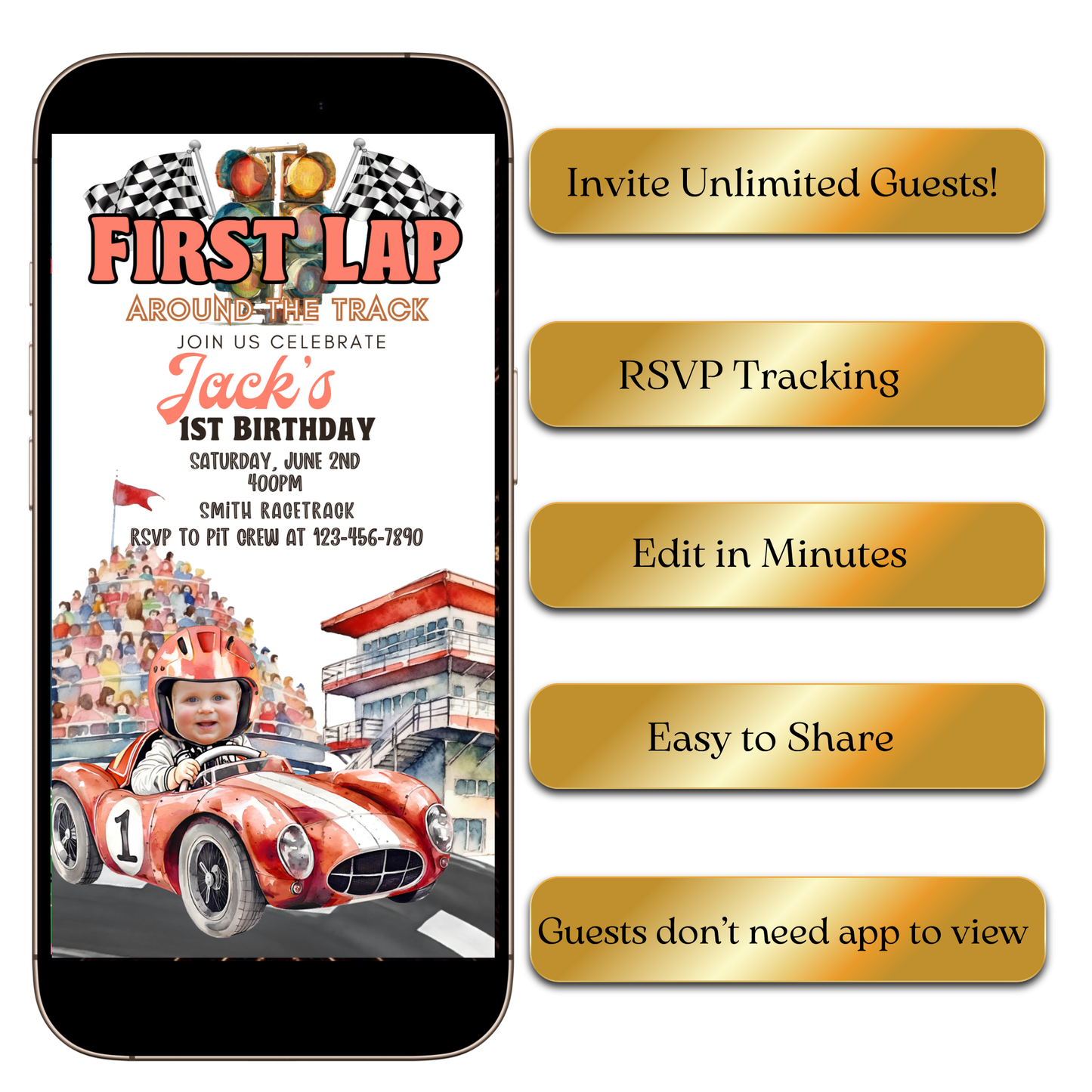 Event details screen with bold numerals and speedometer graphic