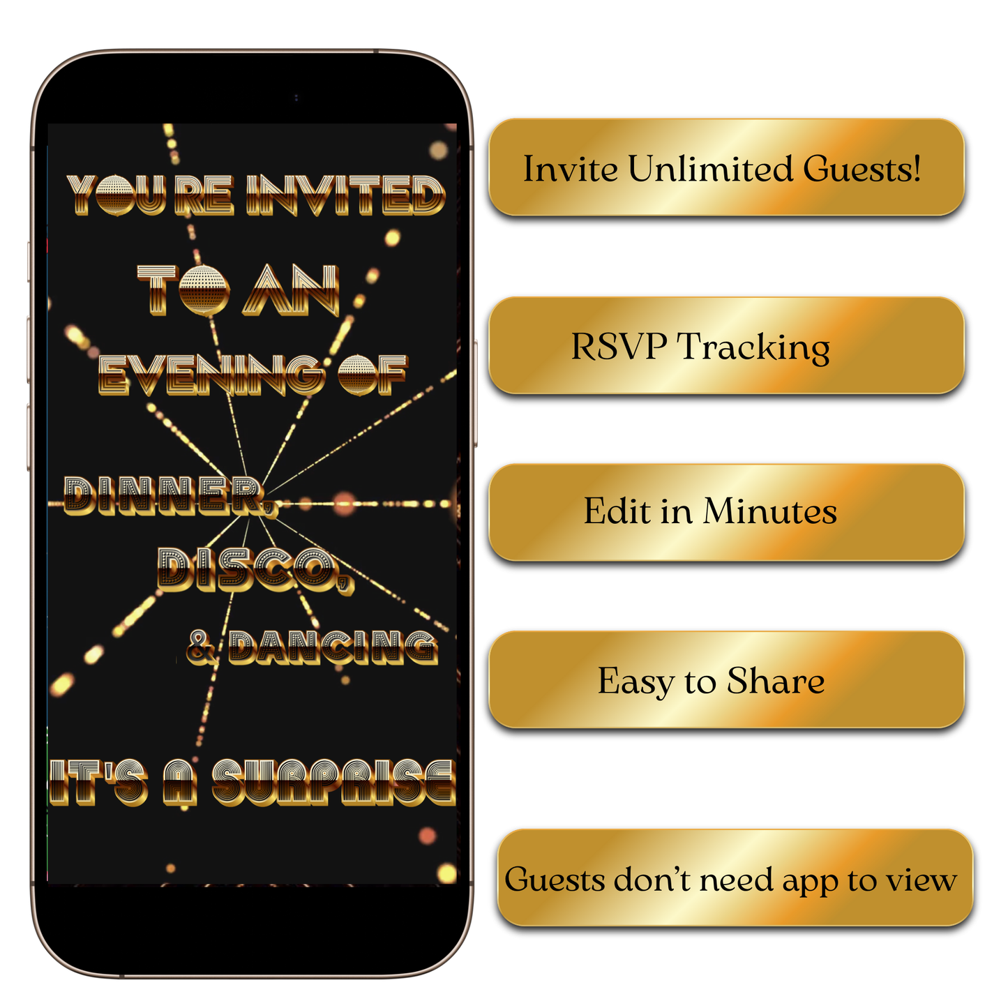 Disco Gold Deluxe video invite shared on social media feed