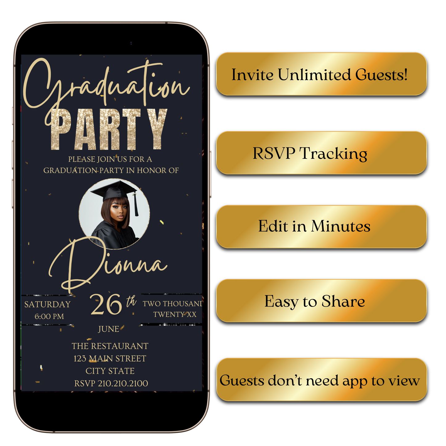 Digital Elegant Gold Cap Digital Video Invitation MP4 Invite