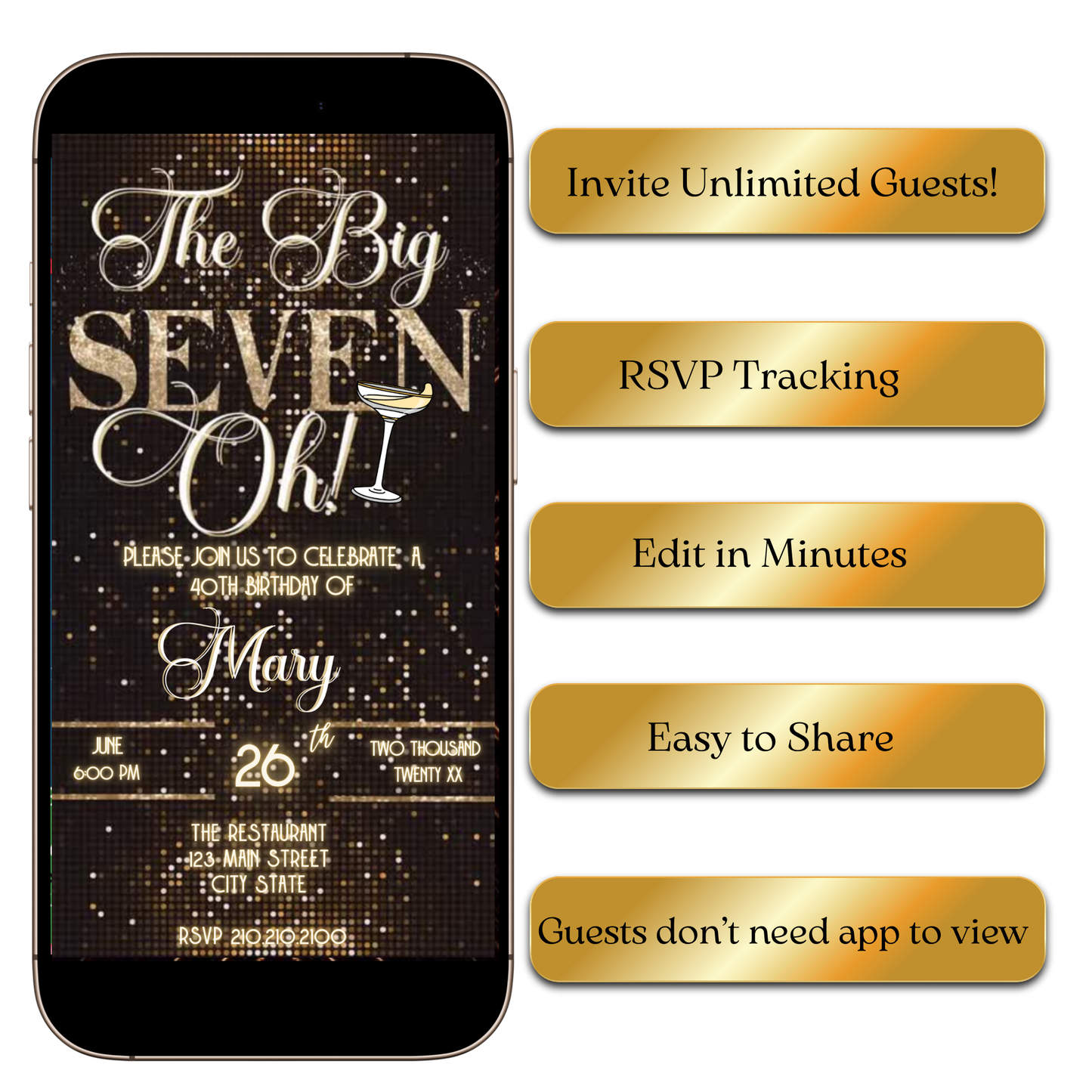 Digital The Big Seven-Oh 70th Birthday Video Invitation — Elegant Gold Glam Design MP4 Invite