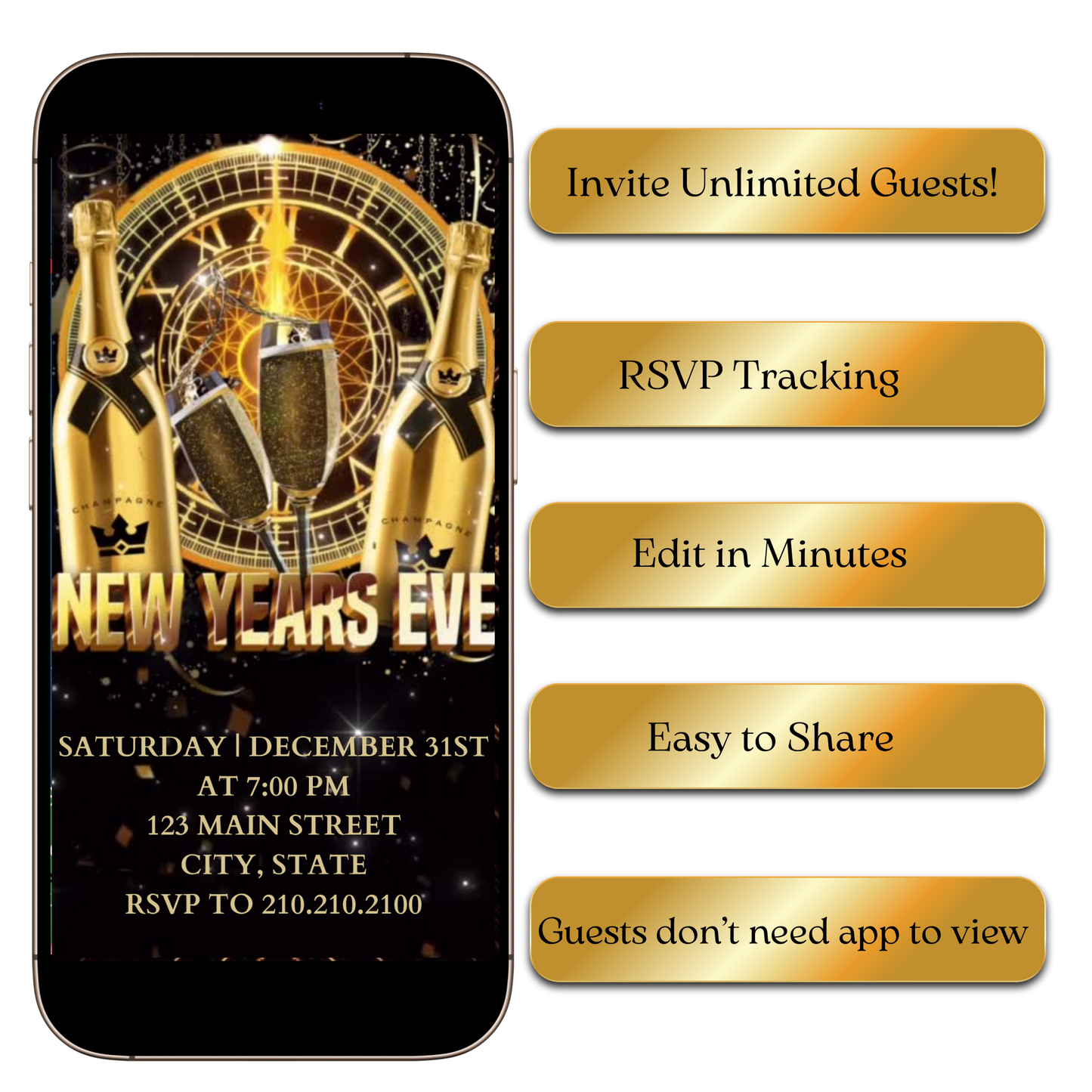 Event details over black background with gold foil accents