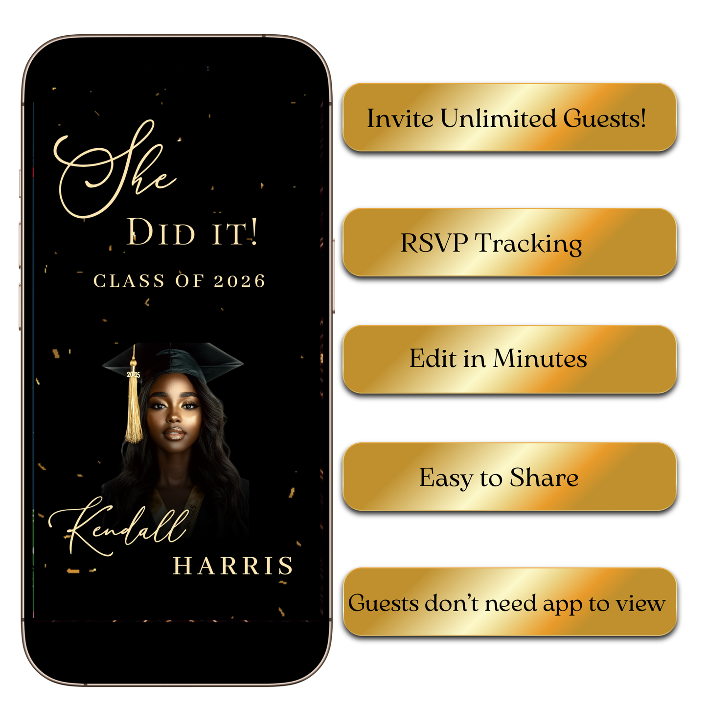 Digital 2026 Graduation Video Invitation – Black and Gold Animated Template with Music MP4 Invite