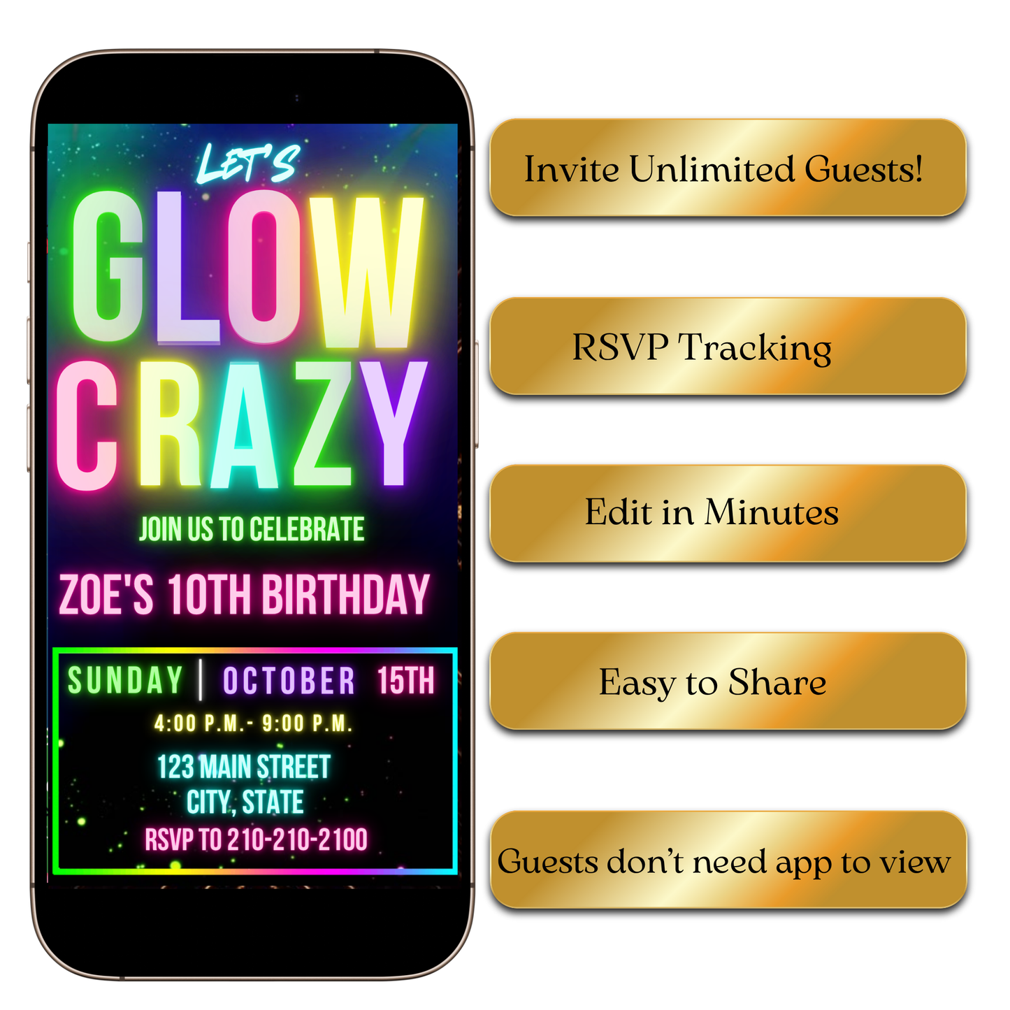 Editable Party Evite Template with blacklight, bright, glow