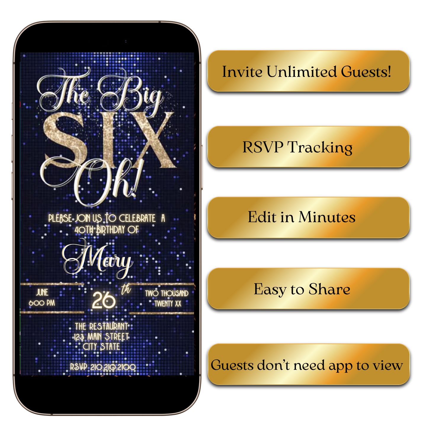 Digital The Big Six-Oh Birthday Video Invitation – Blue and Gold Sequin Theme MP4 Invite
