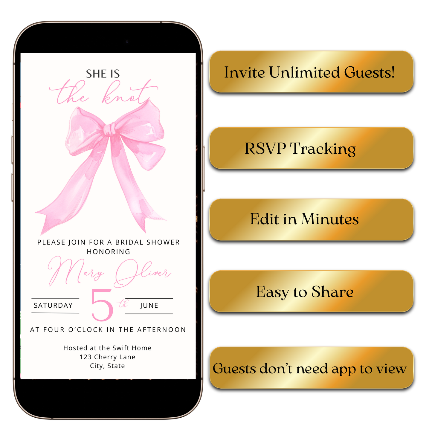 Names and event details framed by satin ribbon accents