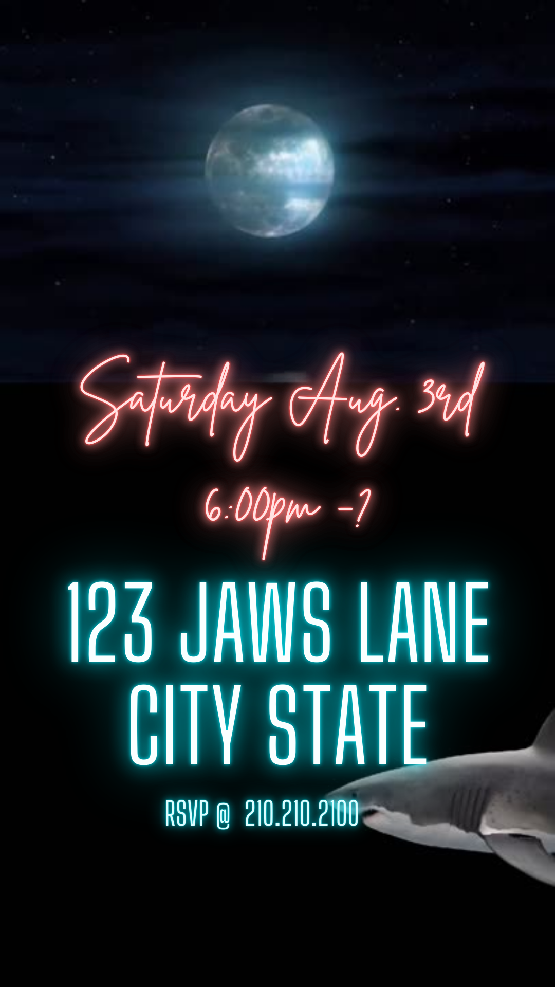 Jaws Shark Party MP4 invitation with dramatic shark fin design