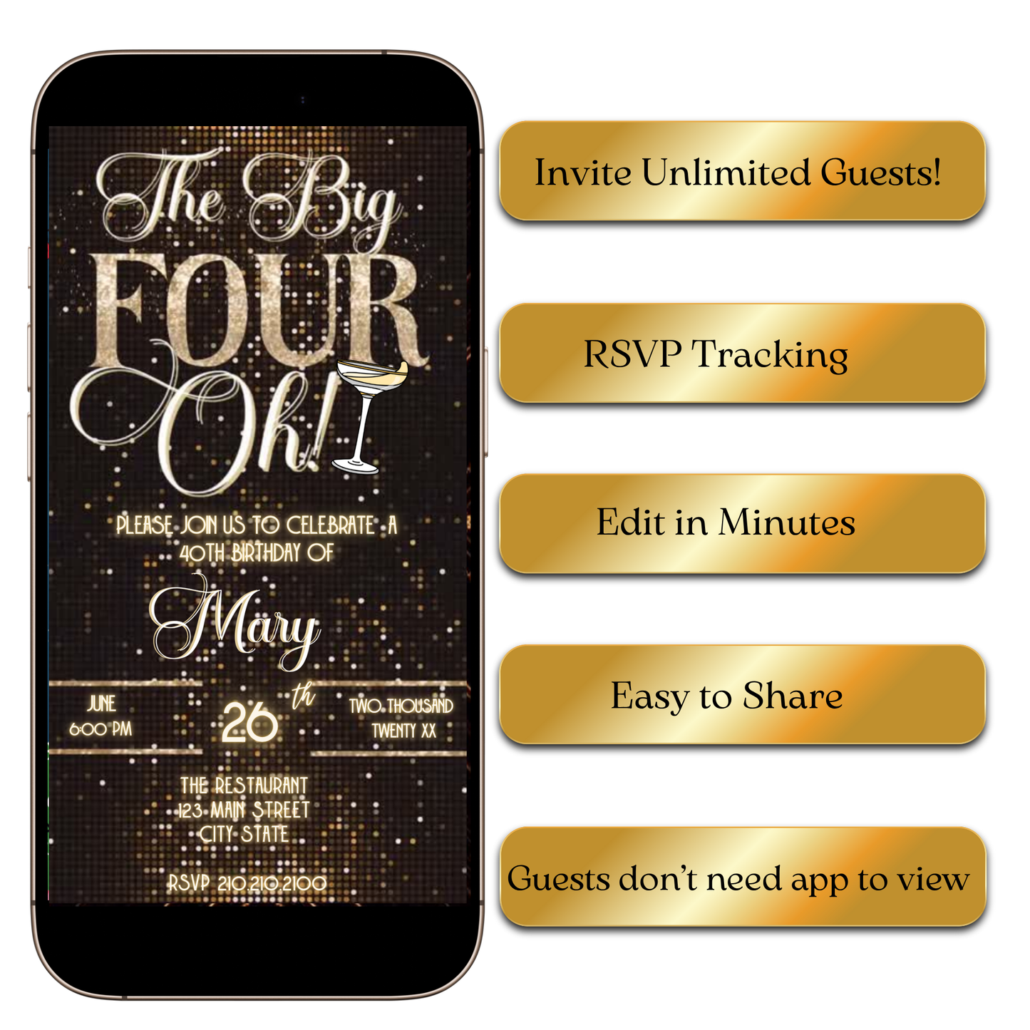 Digital The Big Four-Oh 40th Birthday Digital Invitation — Gold Sparkle Party Evite MP4 Invite